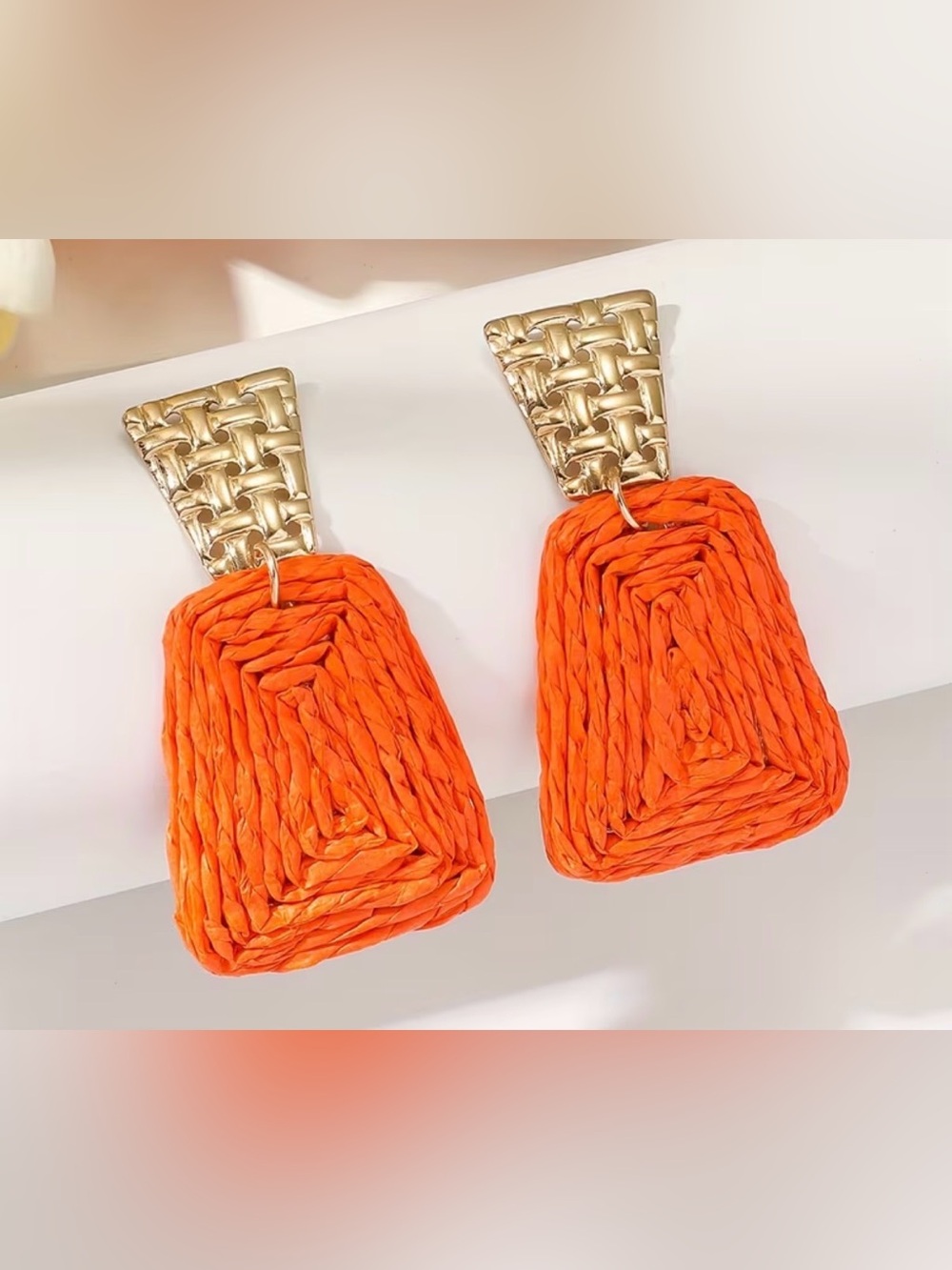 Orange Woven Drop Earrings with Gold Accents